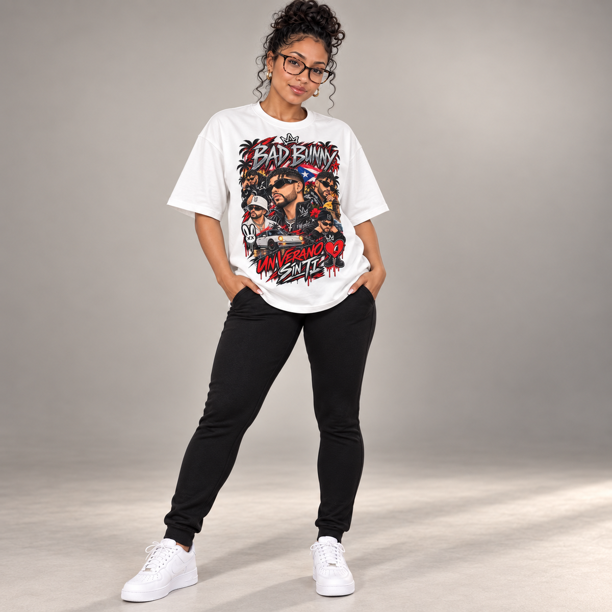 Dreya wearing the Bad Bunny Un Verano Sin Ti oversized graphic T-shirt